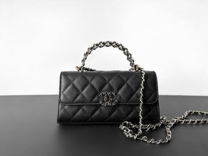 CHANEL Caviar Quilted Chain Top Handle Phone Holder With Chain Black