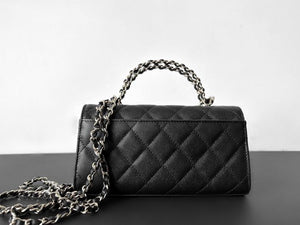 CHANEL Caviar Quilted Chain Top Handle Phone Holder With Chain Black