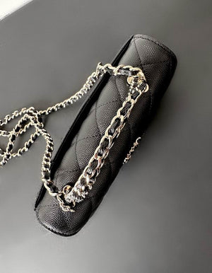 CHANEL Caviar Quilted Chain Top Handle Phone Holder With Chain Black