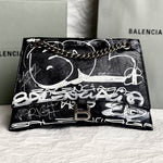 BALENCIAGA Crushed Calfskin Crush Graffiti Medium Hourglass Chain Shoulder Bag Black White