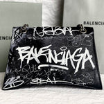 BALENCIAGA Crushed Calfskin Crush Graffiti Medium Hourglass Chain Shoulder Bag Black White