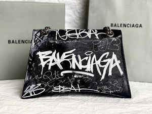 BALENCIAGA Crushed Calfskin Crush Graffiti Medium Hourglass Chain Shoulder Bag Black White