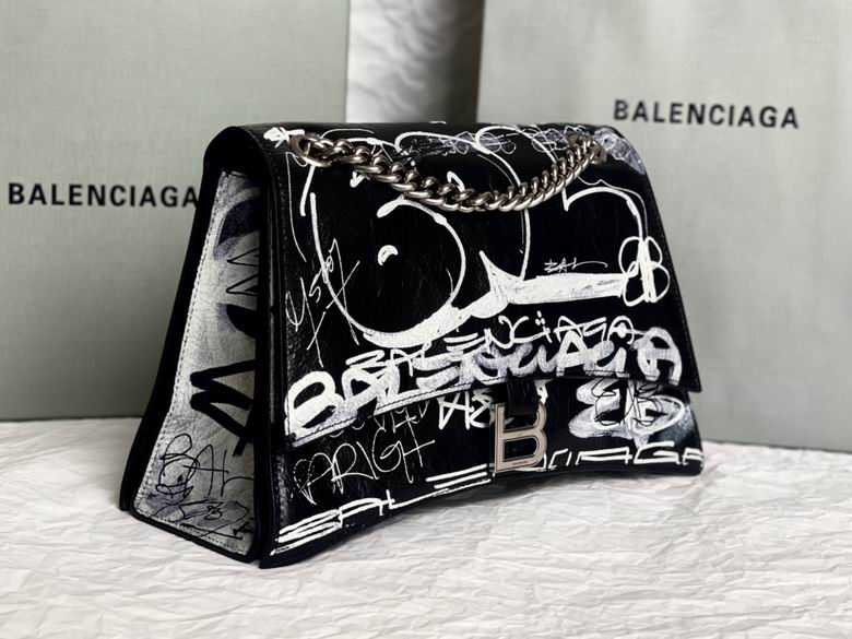 BALENCIAGA Crushed Calfskin Crush Graffiti Medium Hourglass Chain Shoulder Bag Black White