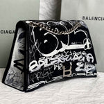 BALENCIAGA Crushed Calfskin Crush Graffiti Medium Hourglass Chain Shoulder Bag Black White