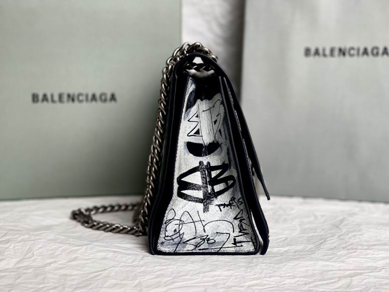 BALENCIAGA Crushed Calfskin Crush Graffiti Medium Hourglass Chain Shoulder Bag Black White