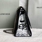 BALENCIAGA Crushed Calfskin Crush Graffiti Medium Hourglass Chain Shoulder Bag Black White