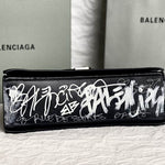 BALENCIAGA Crushed Calfskin Crush Graffiti Medium Hourglass Chain Shoulder Bag Black White