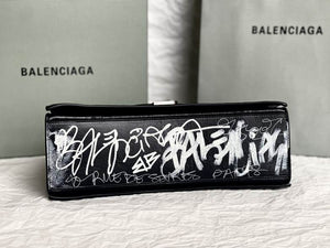 BALENCIAGA Crushed Calfskin Crush Graffiti Medium Hourglass Chain Shoulder Bag Black White