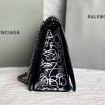 BALENCIAGA Crushed Calfskin Crush Graffiti Medium Hourglass Chain Shoulder Bag Black White