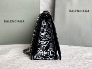 BALENCIAGA Crushed Calfskin Crush Graffiti Medium Hourglass Chain Shoulder Bag Black White