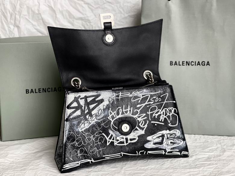 BALENCIAGA Crushed Calfskin Crush Graffiti Medium Hourglass Chain Shoulder Bag Black White