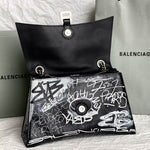 BALENCIAGA Crushed Calfskin Crush Graffiti Medium Hourglass Chain Shoulder Bag Black White