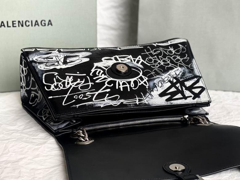 BALENCIAGA Crushed Calfskin Crush Graffiti Medium Hourglass Chain Shoulder Bag Black White