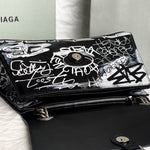 BALENCIAGA Crushed Calfskin Crush Graffiti Medium Hourglass Chain Shoulder Bag Black White