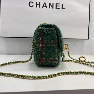 CHANEL Tweed Quilted Mini Rectangular Flap Turquoise