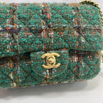 CHANEL Tweed Quilted Mini Rectangular Flap Turquoise