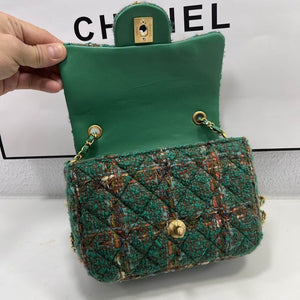 CHANEL Tweed Quilted Mini Rectangular Flap Turquoise