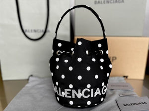 BALENCIAGA Nylon Polka Dot Bucket Bag XS Black White