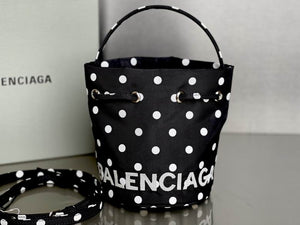 BALENCIAGA Nylon Polka Dot Bucket Bag XS Black White