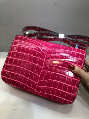 HERMES Shiny Alligator Constance Slim Wallet Rose Scheherazade