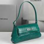 BALENCIAGA Shiny Super Supple Calfskin Crocodile Embossed Small XX Flap Bag Jade