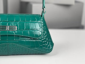 BALENCIAGA Shiny Super Supple Calfskin Crocodile Embossed Small XX Flap Bag Jade