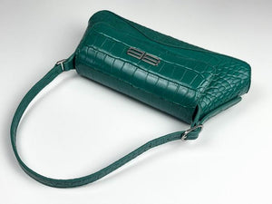 BALENCIAGA Shiny Super Supple Calfskin Crocodile Embossed Small XX Flap Bag Jade