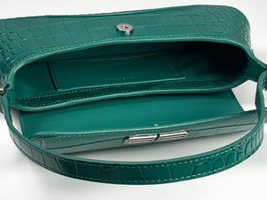 BALENCIAGA Shiny Super Supple Calfskin Crocodile Embossed Small XX Flap Bag Jade