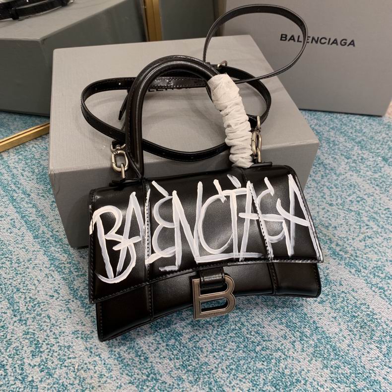 BALENCIAGA Shiny Box Calfskin Graffiti Small Hourglass Top Handle Bag Black