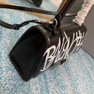 BALENCIAGA Shiny Box Calfskin Graffiti Small Hourglass Top Handle Bag Black