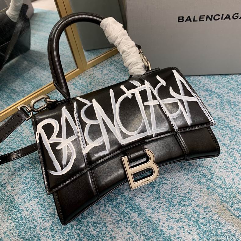 BALENCIAGA Shiny Box Calfskin Graffiti Small Hourglass Top Handle Bag Black