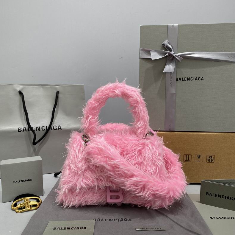 BALENCIAGA Faux Fur Fluffy Medium Hourglass Top Handle Bag Rose