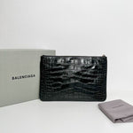 Balenciaga Cash Pouch and Card Holder in Black Crocodile Effect Leather