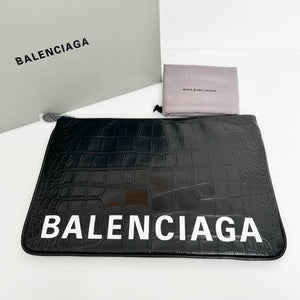 Balenciaga Cash Pouch and Card Holder in Black Crocodile Effect Leather