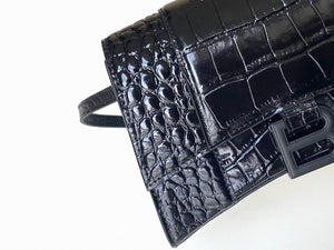 BALENCIAGA Calfskin Crocodile Embossed Small Hourglass Sling Shoulder Bag Black