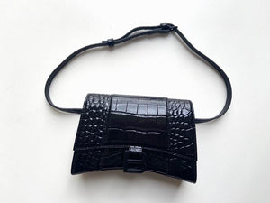 BALENCIAGA Calfskin Crocodile Embossed Small Hourglass Sling Shoulder Bag Black