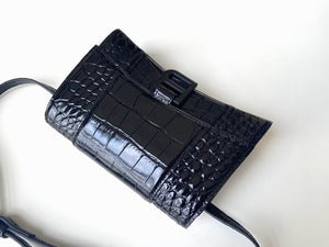 BALENCIAGA Calfskin Crocodile Embossed Small Hourglass Sling Shoulder Bag Black