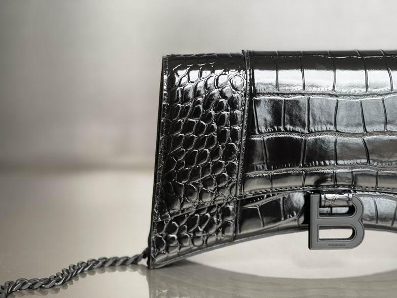 BALENCIAGA Shiny Calfskin Monochrome Crocodile Embossed Hourglass Chain Bag Black