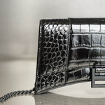 BALENCIAGA Shiny Calfskin Monochrome Crocodile Embossed Hourglass Chain Bag Black