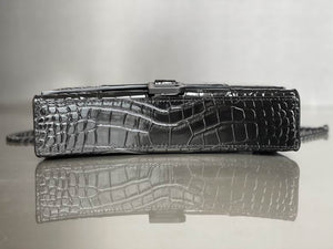 BALENCIAGA Shiny Calfskin Monochrome Crocodile Embossed Hourglass Chain Bag Black