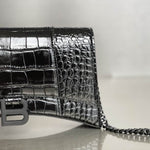 BALENCIAGA Shiny Calfskin Monochrome Crocodile Embossed Hourglass Chain Bag Black