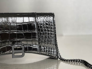 BALENCIAGA Shiny Calfskin Monochrome Crocodile Embossed Hourglass Chain Bag Black