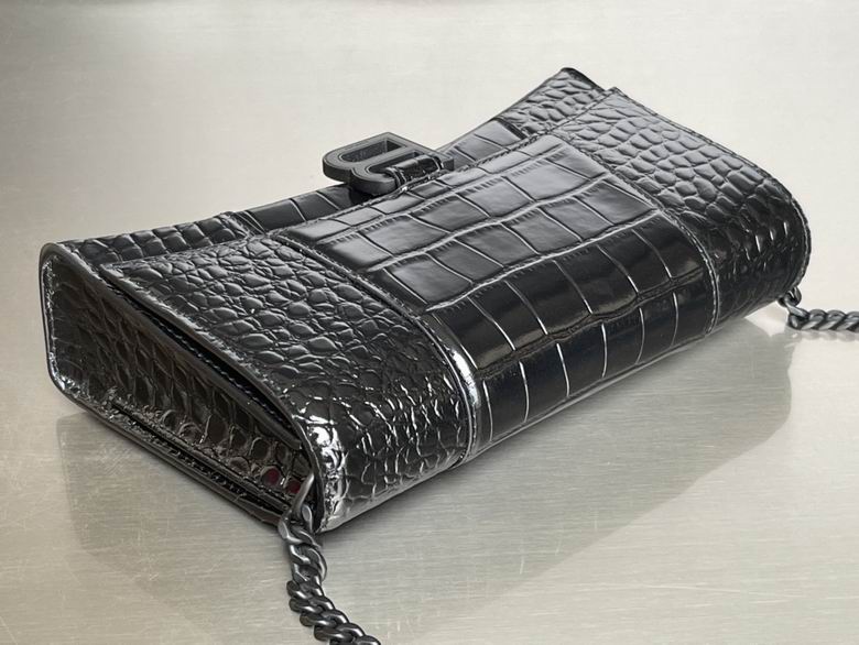 BALENCIAGA Shiny Calfskin Monochrome Crocodile Embossed Hourglass Chain Bag Black