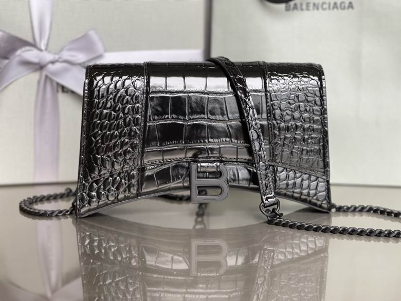 BALENCIAGA Shiny Calfskin Monochrome Crocodile Embossed Hourglass Chain Bag Black