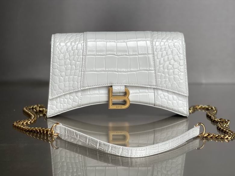 BALENCIAGA Calfskin Crocodile Embossed Hourglass Chain Bag White