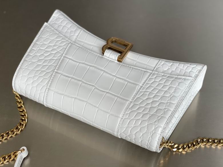 BALENCIAGA Calfskin Crocodile Embossed Hourglass Chain Bag White