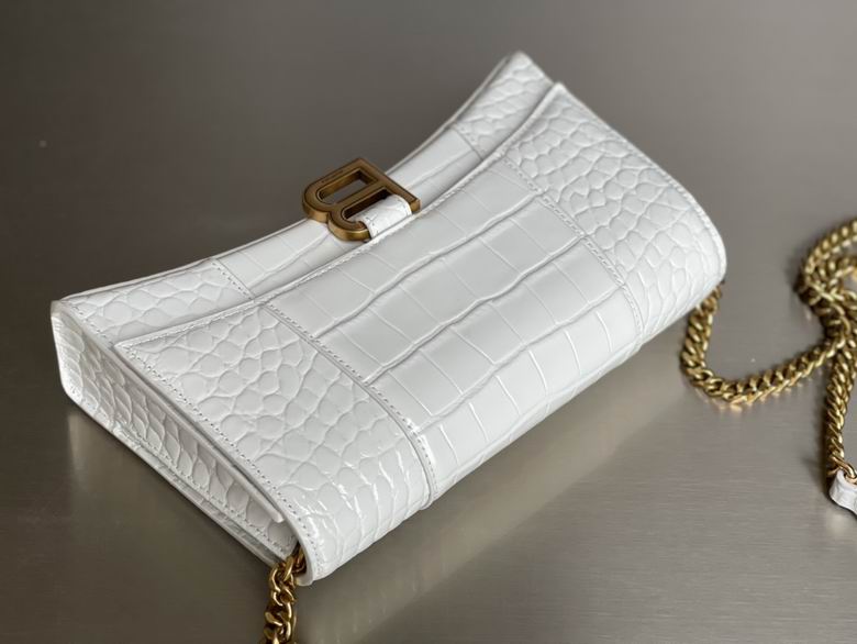 BALENCIAGA Calfskin Crocodile Embossed Hourglass Chain Bag White