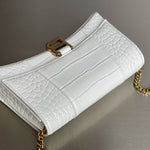 BALENCIAGA Calfskin Crocodile Embossed Hourglass Chain Bag White