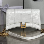 BALENCIAGA Calfskin Crocodile Embossed Hourglass Chain Bag White