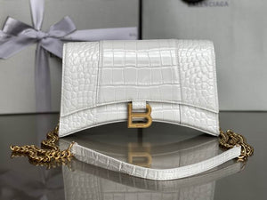 BALENCIAGA Calfskin Crocodile Embossed Hourglass Chain Bag White